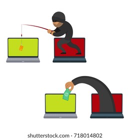 vector flat cartoon cyber theft, fraud concept set. Hacker stealing credit card from private laptop by fishing rod, hand stealing dollar from pc. Isolated illustration on a white background.