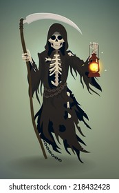 Vector flat cartoon death character with old scythe and kerosene lantern | spooky levitating grim reaper in dark hooded cloak carrying lamp and scythe | Halloween character : death  