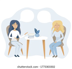 Vector flat cartoon design two young women, sitting in cafe on brown armchairs at the table with books and flower pot, talking with speech bubbles, smiling, isolated on white background