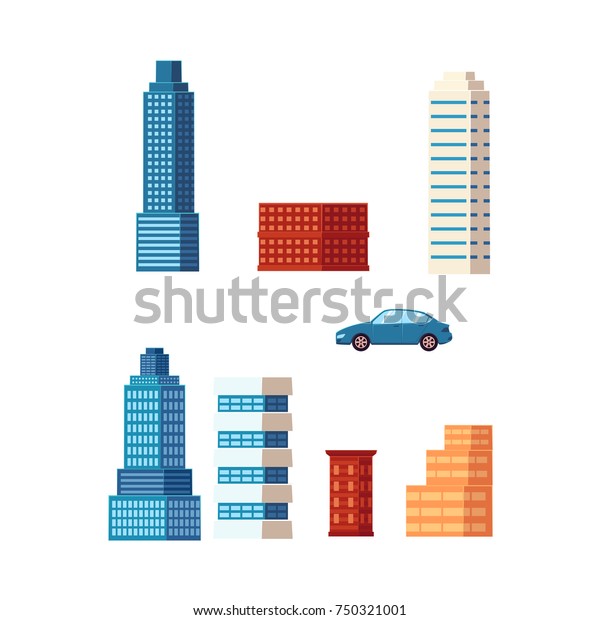 vector flat cartoon\
different buildings set. Skyscrapers, office centers shopping mall\
and city apartment houses and a car. Isolated illustration on a\
white background