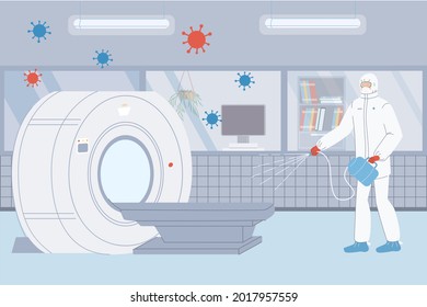 Caricatura vectorial plana personaje médico en traje protector desinfecta la tabla de resonancia magnética en la prevención de covidos de laboratorio-coronavirus clínico, protección frente a infección viral pandémica, concepto médico