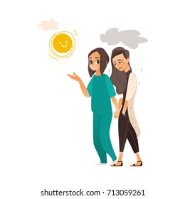 vector flat cartoon doctor showing sun to woman suffering from depression. Unhappy female character with rainy clouds above her. Isolated illustration on a white background. Mental illness concept