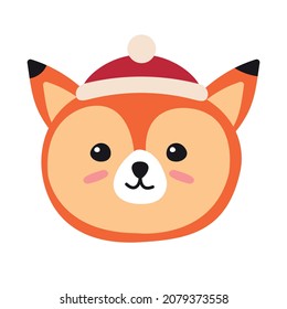 Vector flat cartoon doodle fox face head in Christmas hat isolated on white background