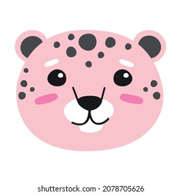 Vector flat cartoon doodle pink leopard face head isolated on white background
