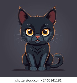 Vector flat cartoon drawing of a cute black cat from front view.
