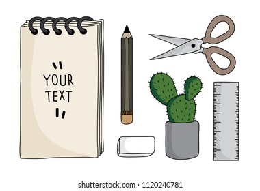 Vector flat cartoon drawing , writer workplace with paper, pencil, eraser, ruler and cactus, top view desktop