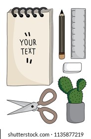 Vector flat cartoon drawing , writer workplace with paper, pencil, eraser, ruler and cactus, top view vertical desktop.