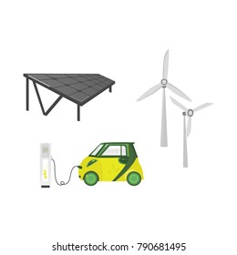 vector flat cartoon electric motor passenger car charging at the charger station, solar plant panels, windmill turbine set. Isolated illustration on a white background. Green energy concept