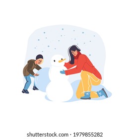 Vectorflache Cartoon-Familienfiguren, die Schneemann im Winter im Freien machen - Mode, Emotionen, gesundes Lifestyle-Sozialkonzept