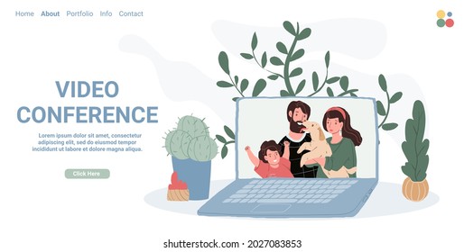 Charaktere der Vektorgrafik mit flachen Cartoons auf dem Bildschirm.Glückliche, lächelnde Eltern, Kinder in der Online-Kommunikation von Videobotschaftern.Gesunde Familienbeziehungen-Landing-Page-Konzept