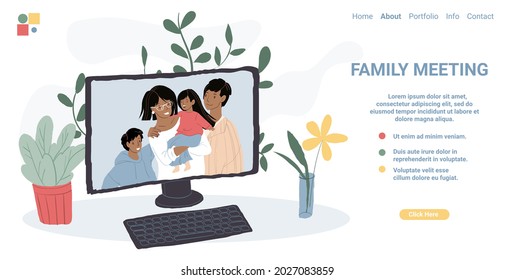 Personajes de la familia de dibujos animados de pantalla plana en la pantalla del monitor.Feliz estadía de los padres sonrientes, niños en la comunicación de la conferencia de mensajería de vídeo en línea.Relaciones familiares saludables-concepto de página de inicio