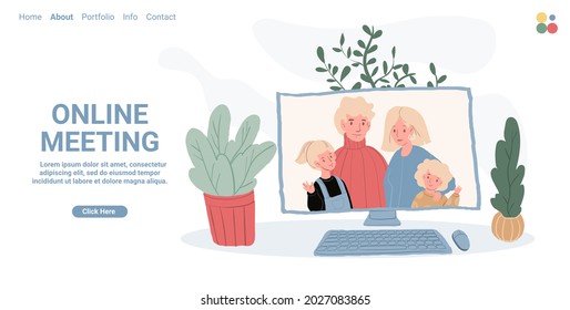 Charaktere der Vektorgrafik mit flachen Cartoons auf dem Bildschirm.Glückliche, lächelnde Eltern, Kinder in der Online-Kommunikation von Videobotschaftern.Gesunde Familienbeziehungen-Landing-Page-Konzept