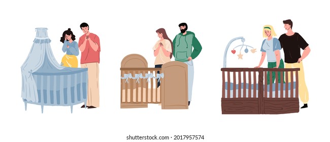 Vector flat cartoon family characters,future parents mom dad look on nursery crib with love,thinking about future child.Web banner online design-happy childbirth,healthy lifestyle,social concept set