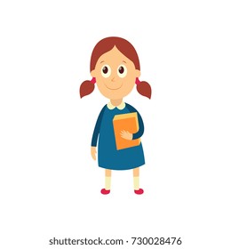 vector flat cartoon female character - cute girl pupil, schoolkid standing smiling holding books in hands. Isolated illustration on a white background.