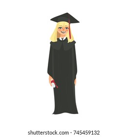 vector flat cartoon female college, university happy graduate character, blond girl in graduation gown, cap holding diploma smiling. Isolated illustration on a white background.