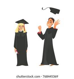 vector flat cartoon female college, university happy graduate character, blond girl in graduation gown, cap holding diploma , boy throwing hat up smiling. Isolated illustration on a white background.