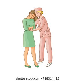 vector flat cartoon female doctor calming down woman suffering from depression. Unhappy female character with rainy clouds above her. Isolated illustration on a white background Mental illness concept