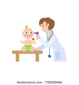 vector flat cartoon female doctor with stethoscope examining newborn infant kid ears. Woman pediatrician in medical clothing and baby. Isolated illustration on a white background.