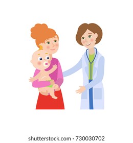 vector flat cartoon female doctor with stethoscope giving newborn infant kid to his mother. Woman pediatrician in medical clothing and baby. Isolated illustration on a white background.