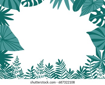 a vector flat cartoon frame with tropical leaves; a horizontal banner
