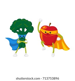 vector flat cartoon fruit, vegetable character in cape, mask set. Broccoli standing with hands crossed on chest, apple flying like super apple. Isolated illustration on a white background.