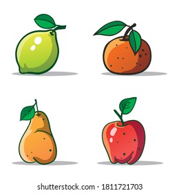 Vector flat cartoon fruits illustration. Lemon, apple, pear, orange.