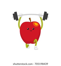 vector flat cartoon funny apple character lifting weight. Cheerful humanized fruit makes exercises with barbell. Isolated illustration on a white background. Healthy, sportive lifestyle concept