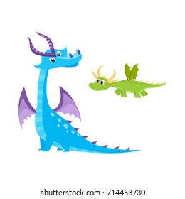 vector flat cartoon funny blue, marine adult, mature with horns and wings sitting and green kid dragon set. Isolated illustration on a white background. 