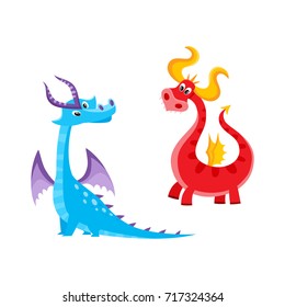 vector flat cartoon funny blue, marine and red fire adult, mature dragons with horns and wings. Isolated illustration on a white background. Fairy mysterious cute creature character for your design