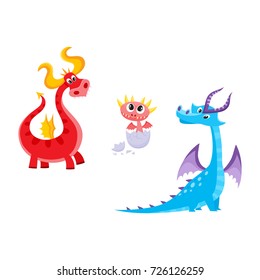 vector flat cartoon funny blue, marine and red fire adult, mature dragons with horns and wings and baby hatching from egg cute fairy dragon characters set. Isolated illustration on a white background.