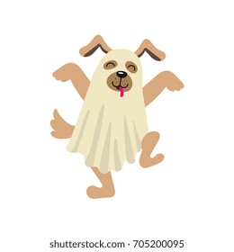 vector flat cartoon funny dog puppy dressed up in bedsheet like ghost dances sticking out his tongue . Isolated illustration on a white background. Fancy Halloween outfit for an animal concept