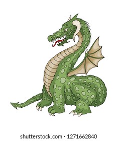 Vector flat cartoon funny dragon with horns and wings sticking out tongue. Isolated illustration on a white background. Fairy mysterious cute creature character for coloring book design