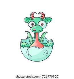 vector flat cartoon funny dragon kid, baby with horns and wings hatching from egg sticking out tongue. Isolated illustration on a white background. Fairy mysterious cute creature character for design