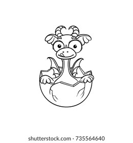 vector flat cartoon funny dragon kid, baby with horns and wings hatching from egg. Isolated illustration on a white background. Fairy mysterious cute creature character for coloring book design