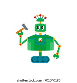 vector flat cartoon funny friendly robot. Humanoid male character with crawler tracks, antennas on head holding repairing tool in hand. Isolated illustration on a white background.
