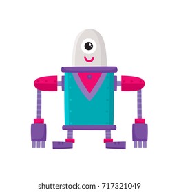 vector flat cartoon funny friendly robot. Big Humanoid character with short legs and long arms and one big eye, smiling. Isolated illustration on a white background. Childish futuristic android.