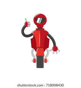 vector flat cartoon funny friendly robot. Humanoid male character with single roller or wheel - leg, arms showing thumbs up. Isolated illustration on a white background. Childish futuristic android.