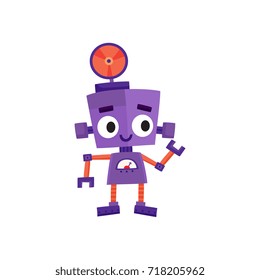 vector flat cartoon funny friendly robot. Small Humanoid boy character with legs arms, bolt ears with locator on head smiling. Isolated illustration on a white background. Childish futuristic android.