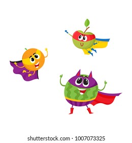 vector flat cartoon funny fruit, vegetable character in masks set. Orange and apple flying like superman, devil horns watermelon stands like villain. Isolated illustration on a white background.