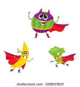 vector flat cartoon funny fruit, vegetable character in masks set. Watermelon in devil like horn mask, broccoli ready to fight, banana standing in cape. Isolated illustration on a white background.