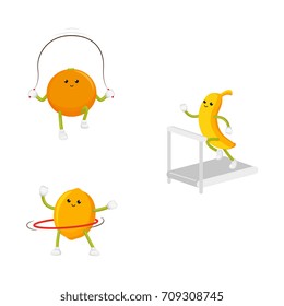 vector flat cartoon funny fruit sport characters set. Cheerful humanized banana, orange, lemon makes exercises with hula hoop, jumping rope, treadmill. Isolated illustration on a white background.