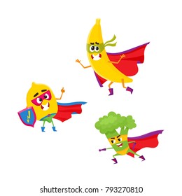 vector flat cartoon funny fruit, vegetable character in masks set. Lemon holds shield , broccoli ready to fight, banana standing in cape. Isolated illustration on a white background.