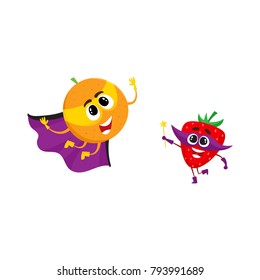 vector flat cartoon funny fruit, vegetable character in masks set. Orange in cape and mask flying , strawberry holding magic wand with star. Isolated illustration on a white background.