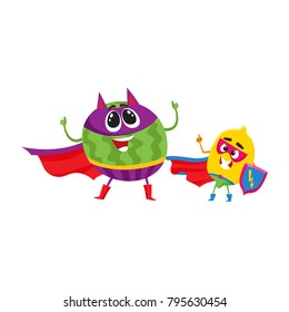 vector flat cartoon funny fruit, vegetable character in masks set. Lemon protector standing holding shield, devil horns watermelon stands like villain. Isolated illustration on a white background.
