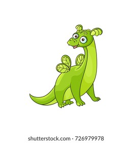 vector flat cartoon funny green dragon with horns and wings. Isolated illustration on a white background. Fairy mysterious cute creature character for your design