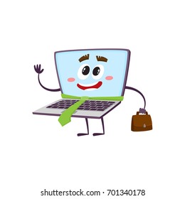 vector flat cartoon funny laptop humanized character with arms, legs and face in green necktie holding handbag in hand saying hello smiling. Isolated illustration on a white background.