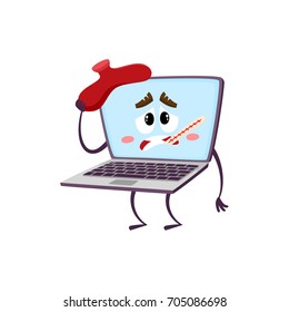 vector flat cartoon funny laptop humanized male character with arms, legs and face holding thermometer in mouth, suffering from headache . Isolated illustration on a white background.