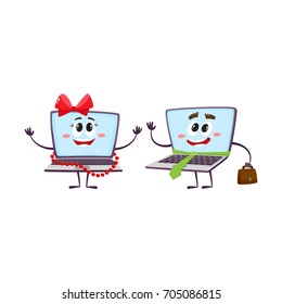 vector flat cartoon funny laptop humanized female girl character wearing red bow and beards smiling and notebook male with handbag and necktie. Isolated illustration on a white background.