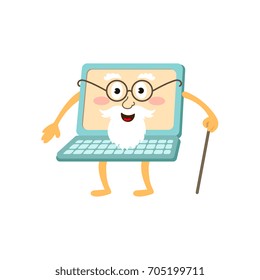 vector flat cartoon funny laptop humanized character with arms, legs and face, wearing glasses, white beard and mustache keeping cane in hand. Isolated illustration on a white background.