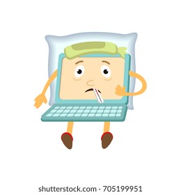 vector flat cartoon funny laptop humanized male character with arms, legs and face holding termometer in mouth, suffering from headache . Isolated illustration on a white background.